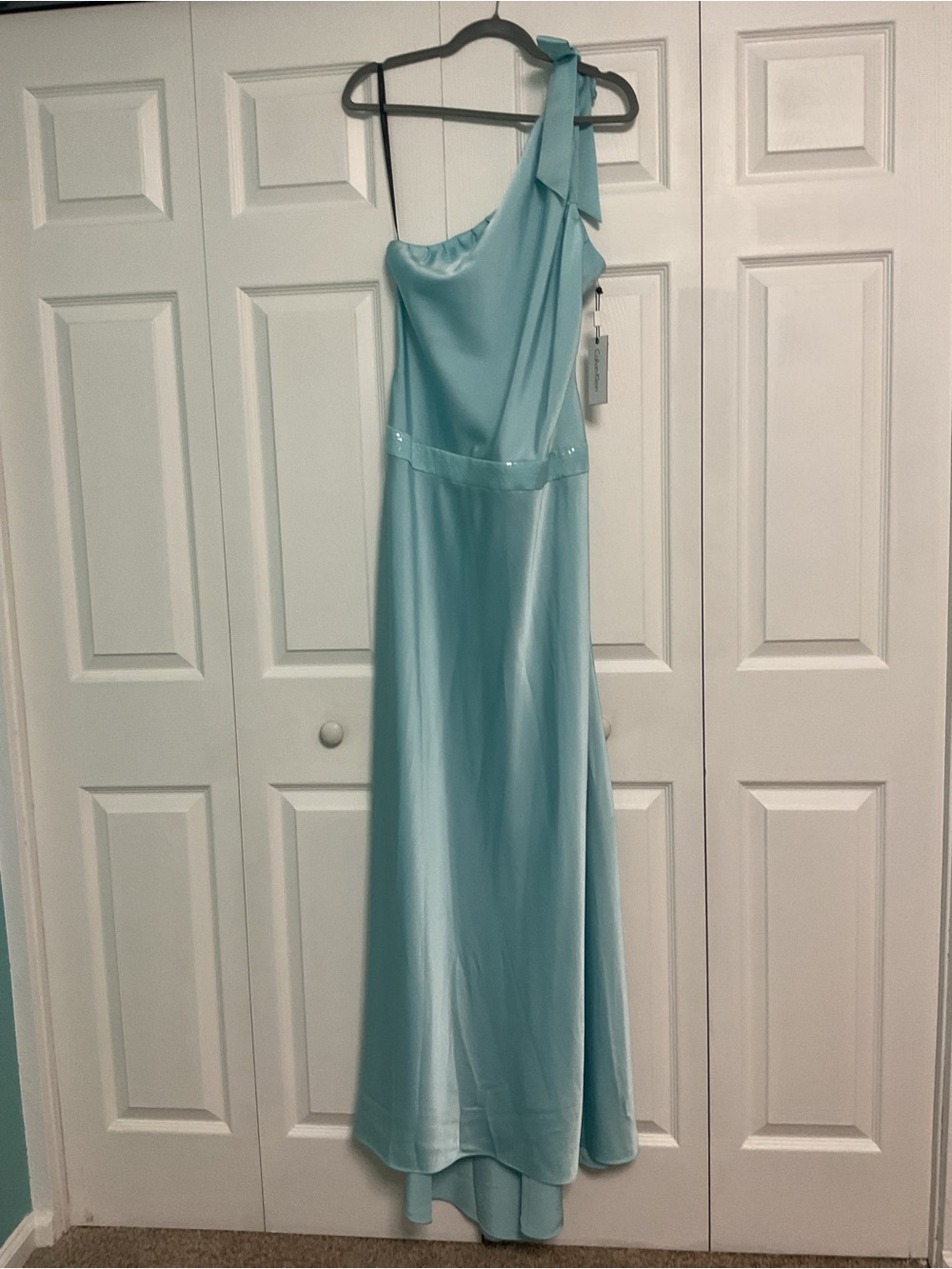 Calvin Klein One-Shoulder Aqua Evening Gown with Shoulder Bow